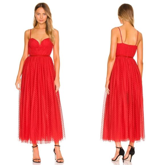 SAU LEE Selena Swiss Dot Tulle Red Bustier Maxi Dress Size 4 - Picture 1 of 11